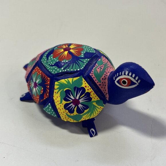 Mexican Wood Carved Multicolored Hand Painted Folk Art Oaxaca Turtle Figurine - Picture 1 of 6